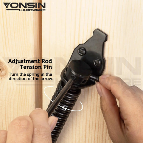 Heavy Duty Self Closing Gate Spring Knockout Performance With Adjustable Tensioner, close-up of adjustment rod tension pin on wooden gate.