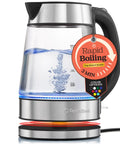 Fast Boil Electric Kettle For Coffee And Tea 1.7L Water Boiler 1500W Borosilicate Glass with LED light on base and handle.