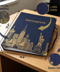 Important Document Organizer Linen Binder With 12 Expanding Pockets For Docs on a desk, showing gold design and dimensions.