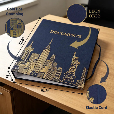 Important Document Organizer Linen Binder With 12 Expanding Pockets For Docs on a desk, showing gold design and dimensions.