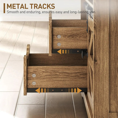 Close-up of metal tracks on Top Shelf Farmhouse End Table With Built In Charging Station And Two Deep Storage Drawers.