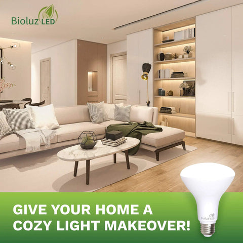 Living room with 4 Pack BR30 LED Bulbs For Indoor Flood Lighting, 90 Plus CRI, 7.5W Equals 65W, 650 Lumens Dope Brightness, E26 Base