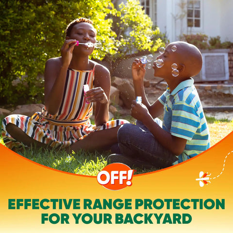 Children blowing bubbles outdoors with sunlit garden, illustrating Backyard Bug Control Pretreat 32 Oz for Outdoor Insect Protection.