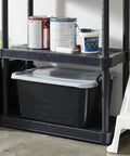 Heavy Duty 24 Pack Stackable Storage Bins 55 Quart Home Organizers stored on a shelf with paint cans and supplies.