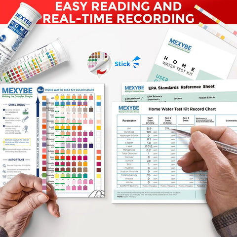 Top Tier Home Water Test Kit For Drinking Tap And Well Testing showing color chart and record sheet for easy results.