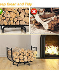 Curved 32-Inch Firewood Rack, Powder-Coated Rustproof Metal Log Holder by fireplace, showcasing wood storage.