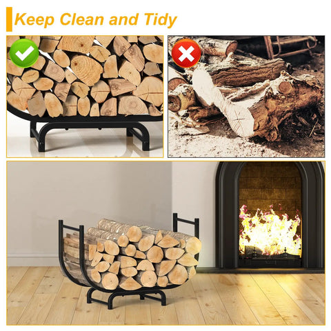 Curved 32-Inch Firewood Rack, Powder-Coated Rustproof Metal Log Holder by fireplace, showcasing wood storage.