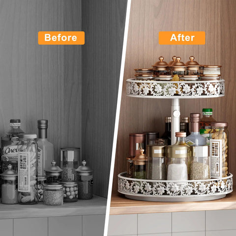 Before and after organization of spices on a 12 Inch 2 Tier Lazy Susan Turntable Organizer Adjustable Height.
