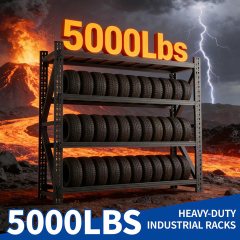 Heavy Duty Steel Shelving Rack With 4 Adjustable Bays Holding 4000 Pounds Capacity Built Like A Tank For Rugged Garage And Workshop Storage Solutions Measuring 69 By 71 By 23 Inches filled with tires in a dramatic volcanic scene.