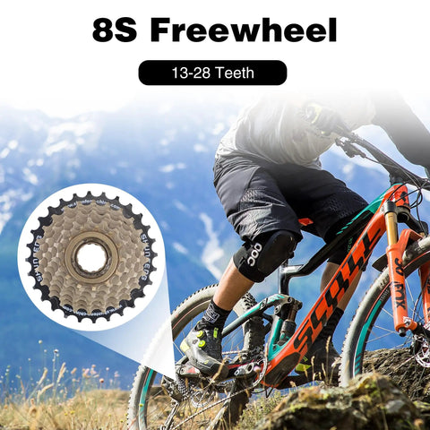 Eight Speed Threaded Freewheel 13-28T Screw On For Mountain Bike And Cruiser Bicycle, 8S Freewheel with cyclist on trail