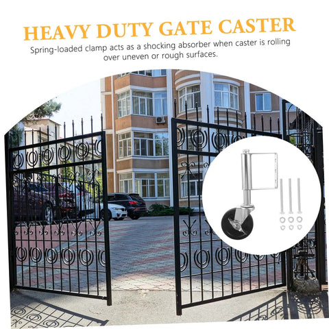 Badass Heavy Duty Spring Loaded Gate Caster Acts As Shock Absorber Over Uneven Terrain Rolls Sweet Smooth Supports 75 Kg Durable black steel frame with spring-loaded clamp.
