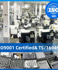 ISO 9001 Certified factory floor with machinery and organized component bins, showcasing quality manufacturing processes.