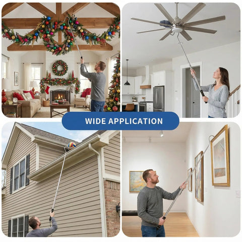 Skip The Ladder Hustle With This Extendable Smoke Detector Tester Pole Reaching High Alarms Like A Champ two users applying pole in different settings.