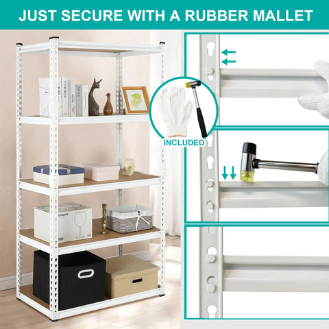 White 5 Tier Metal Storage Shelves 31.5 By 15.75 By 72 Inches Adjustable Utility Rack For Garage Kitchen Heavy Duty Steel Construction securing with a rubber mallet.