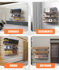 Wall Mounted Lumber Storage Rack With Six Tier System Heavy Duty Wood Organizer For Garage And Workshop 1320 Lb Capacity Built To Last Orange Metal Racks shown in various environments including garages, basements, sheds, and outdoors.