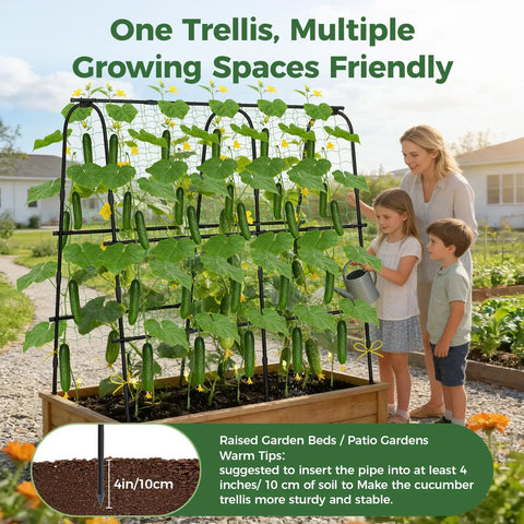 Cucumber Trellis For Raised Beds, U Shape Garden Arch With Netting, Heavy Duty Metal Plant Support, 62 Inch, Black, in use