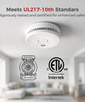 Built Tough Smoke Detectors With Replaceable Batteries Featuring Dual Wave Sensing For Lightning Fast Alerts And Rock Solid 85 Decibel Volume In A Totally Legit Eight Pack Set For Your Whole Home Safety Game, mounted ceiling unit with UL217-10th certification.