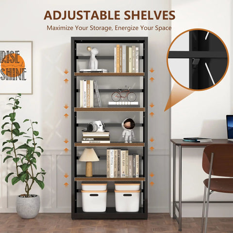 Straight Up Solid Five Tier Metal Bookshelf With Adjustable Shelves Tall Black Storage Rack showcasing adjustable shelves and decor items.