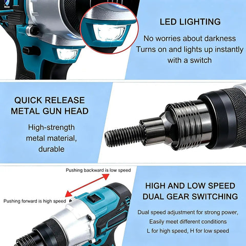 Cordless Electric Rivet Nut Gun With M3 To M12 Mandrels Runs Fully Automatic One Trigger Operation for quick release metal gun head.