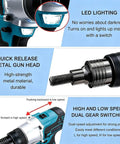 Cordless Electric Rivet Nut Gun For M3 M12 Rivnuts With Auto Mandrel Backout One Pull Setup showing LED light and quick release metal head.