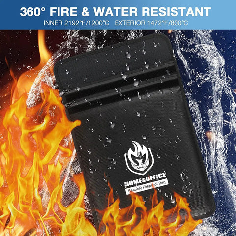 UL Certified Two Pocket Fireproof Document Bag With 2000F Heat Resistance shown amidst fire and water, 15x11 inches size.