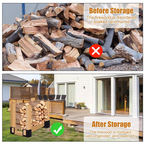Before and after view of firewood stored in 4 Pack Firewood Storage Rack Brackets For Indoor Outdoor Use, Adjustable Heavy Duty Powder Coated Steel Log Holder, Vertical Wood Storage Rack For Fireplace Or Outdoor Fire Pit, Customizable Length With 2X4s. Before: disordered logs; After: neatly stacked in black brackets outdoors.