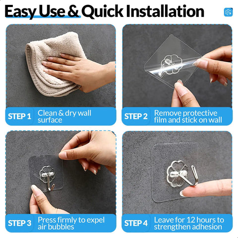 Heavy Duty Adhesive Wall Hooks 12 Pack Clear Rust Resistant Stainless Steel Sticky Hangers With Beefy Load Capacity installation steps