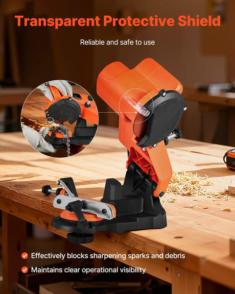 Tough Electric Chainsaw Sharpener Bench Mounted with transparent protective shield and mounted on workbench for safe use.
