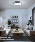 Modern living room with 12 Inch LED Flush Mount Ceiling Light Dimmable 15W 150W Equivalent 1200lm 5000K Daylight fixture.