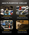 White Lithium Complex NLGI 2 High Temp EP Multi Purpose Grease 14 Oz Tube shown in automotive, mechanical, industrial, and construction uses.