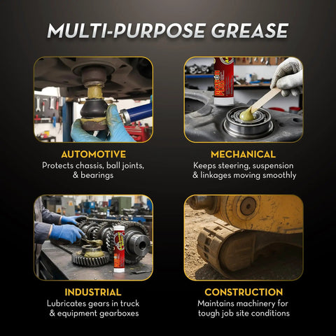 White Lithium Complex NLGI 2 High Temp EP Multi Purpose Grease 14 Oz Tube shown in automotive, mechanical, industrial, and construction uses.