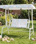 Two-Seater Kids Patio Swing With Adjustable Canopy, Safety Belt And Curved Armrests, Outdoor Hanging Bench for Backyard, White Elephant Pattern
