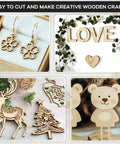 Unfinished Balsa Wood Sheets And Dowel Rods Craft Kit Handy Easy To Cut Basswood Strips And Sticks For DIY Projects showcasing craft ideas like earrings, wall decor, and wood figures.