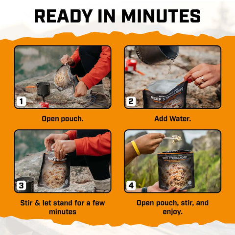 Hearty Beef Stroganoff Freeze Dried Backpacking Meal Just Add Water, preparing steps in nature with hands opening pouch and adding water.