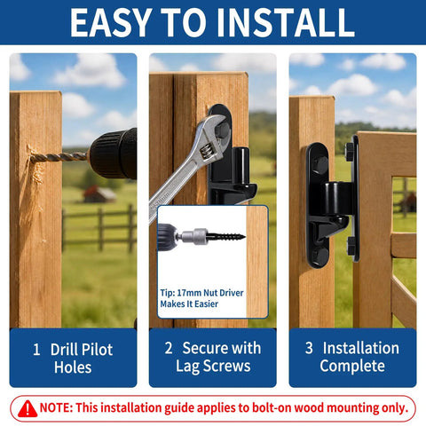 Easy installation guide for Heavy Duty Gate Hinges 2 Pack 304 Stainless Steel with painted coating, showcasing drilling and securing steps.