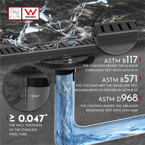 Close-up of 32 Inch Linear Shower Drain Rectangular Floor Drain With Accessories Capsule Pattern Cover Grate Removable SUS304 Stainless Steel CUPC Certified Matte Black showing water flow and testing details.
