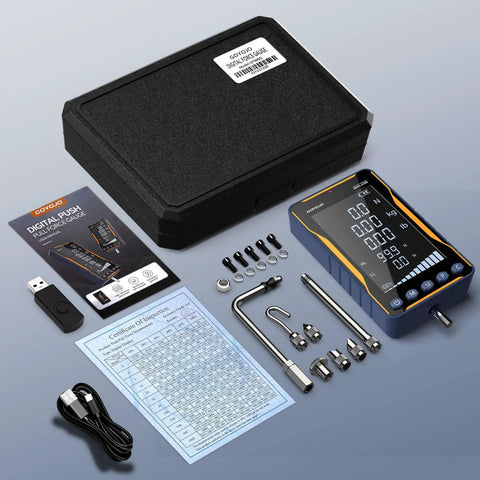 Pro-Grade Digital Force Gauge with Epic Big Screen and Bold Multi-Unit Readouts for Killer Push Pull Accuracy and Trigger Pull Testing for Industrial Quality Assurance with accessories and case.