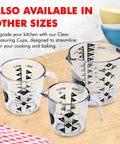 Set of clear plastic measuring cups with easy read US and metric markings, 1 cup size, durable dishwasher safe, on wooden surface
