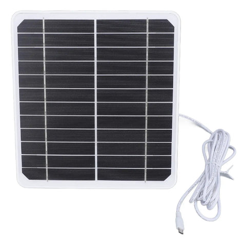 Rock Solid 20 Watt 5V Monocrystalline Solar Panel for Security Cameras And Wildlife Feeders With IP68 Waterproof Rating, featuring black solar cells and attached wire.