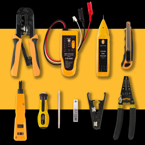 Badass 15-In-1 Network Tool Kit 2 Pack Heavy Duty Ethernet Crimper for Cat5 Cat6 Cables with Builder Tester Wire Stripper Punch Down Screwdriver Durable Carry Case laid out on a black and yellow background.