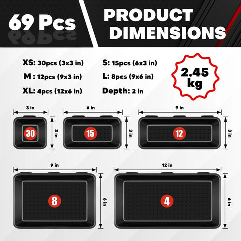 69 Piece Tool Box Organizer Tray Divider Set For Drawer Organization And Workbench Storage With Interlocking Plastic Dividers In Five Sizes XS S M L XL