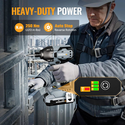 Pro Grade Two Speed Cordless Drill And Impact Driver Combo Kit With Two Long Lasting Lithium Ion Batteries in use on metal frame.