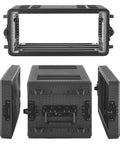 Kickass 4U Rack Mount Case Shallow Flight Box With Integrated Mic Storage, featuring heavy duty polyethylene build and recessed latches.