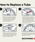 Step-by-step guide on replacing bike tube with Schrader valve, demonstrated on a mountain tire. Schwinn logo visible.