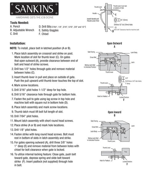 Installation instructions for Heavy Duty Thumb Gate Latch Kit with diagrams for wooden, vinyl, metal gates and fences.