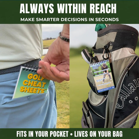 Golf Cheat Sheets Pocket Guide in pocket and on golf bag, waterproof tips for drives, iron play, fitting for on-the-go use.