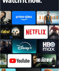 Screen showcasing streaming app logos including Netflix, Prime Video, Disney+, and YouTube for the Next Level 4K Streaming Stick Delivering Blazing Wifi 6 Speeds And Rock Solid Alexa Voice Controls Packed With Thousands Of Movies Shows And Live Channels For Smooth Playback And Serious Bang Buck Value.