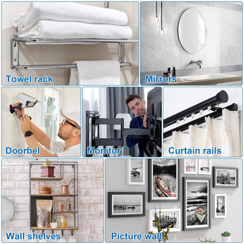 Zinc Self Drilling Drywall Anchors Kit With Screws 104 Pack In 3 Sizes Installed on various fixtures like towel rack and picture wall.