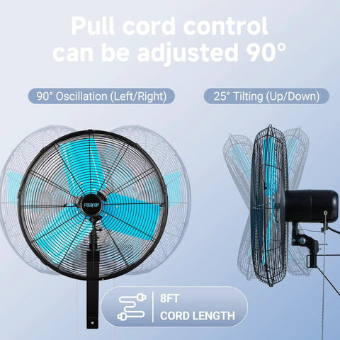 Industrial Grade 20 Inch Wall Mount Fan With Beastly High Velocity Airflow 5500 CFM, showing oscillation and tilt features.