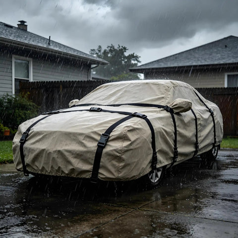 Car covered with beige cover secured by multiple black straps in a rainy driveway scene